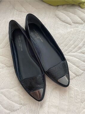Black Pointed Toe Flats with Metallic Cap